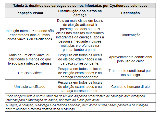 Tabela 2: destinos das carcaças de suínos infectadas por Cysticercus celullosae